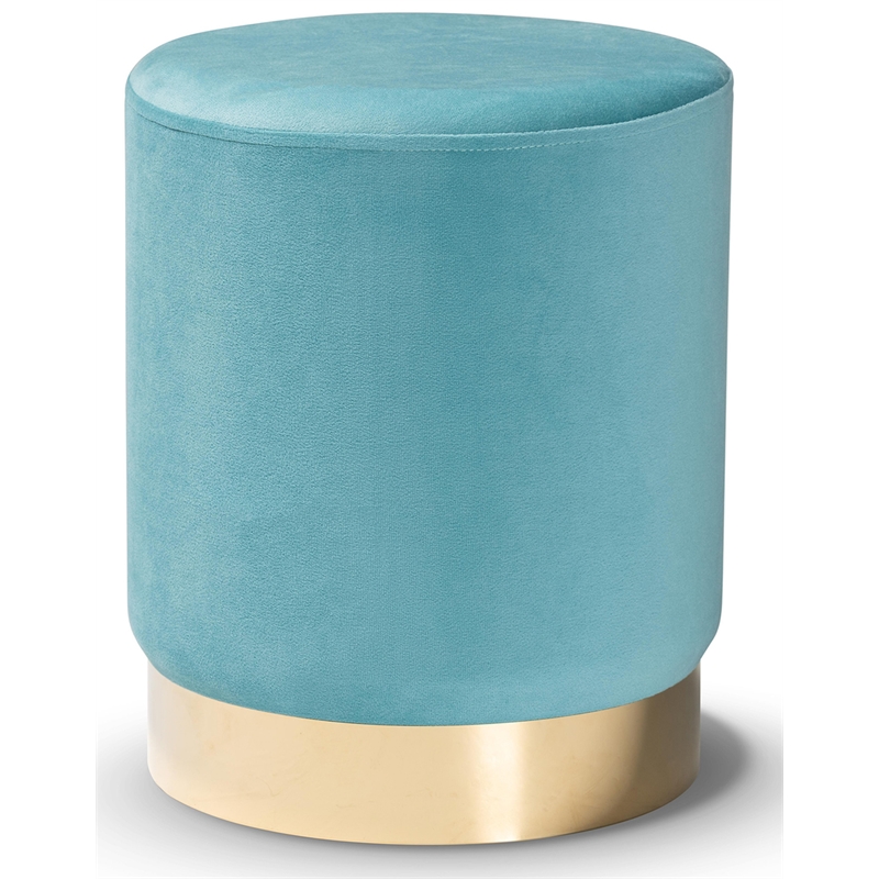 Baxton Studio Chaela Sky Blue Velvet and Gold Finished Metal Ottoman