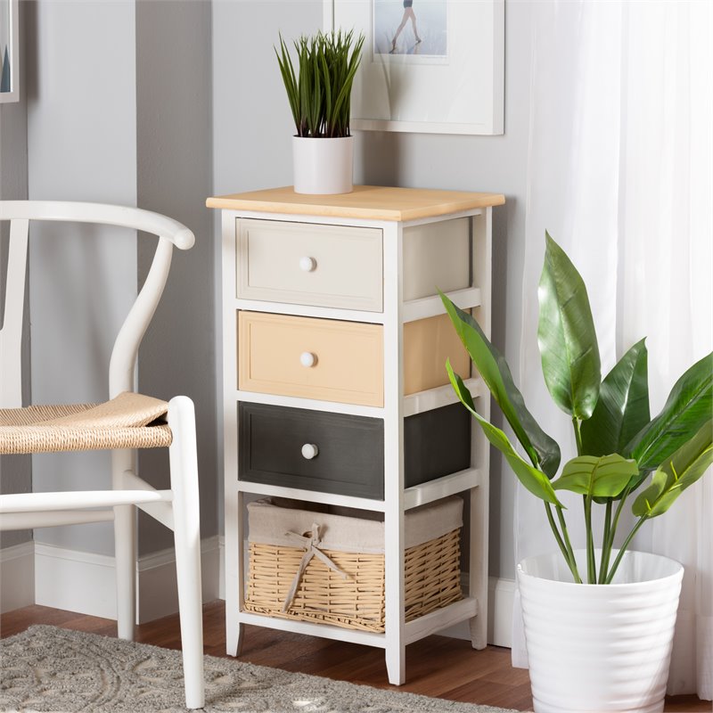 Baxton Studio Adonis Multi-Colored Wood 3-Drawer Storage Unit with Basket