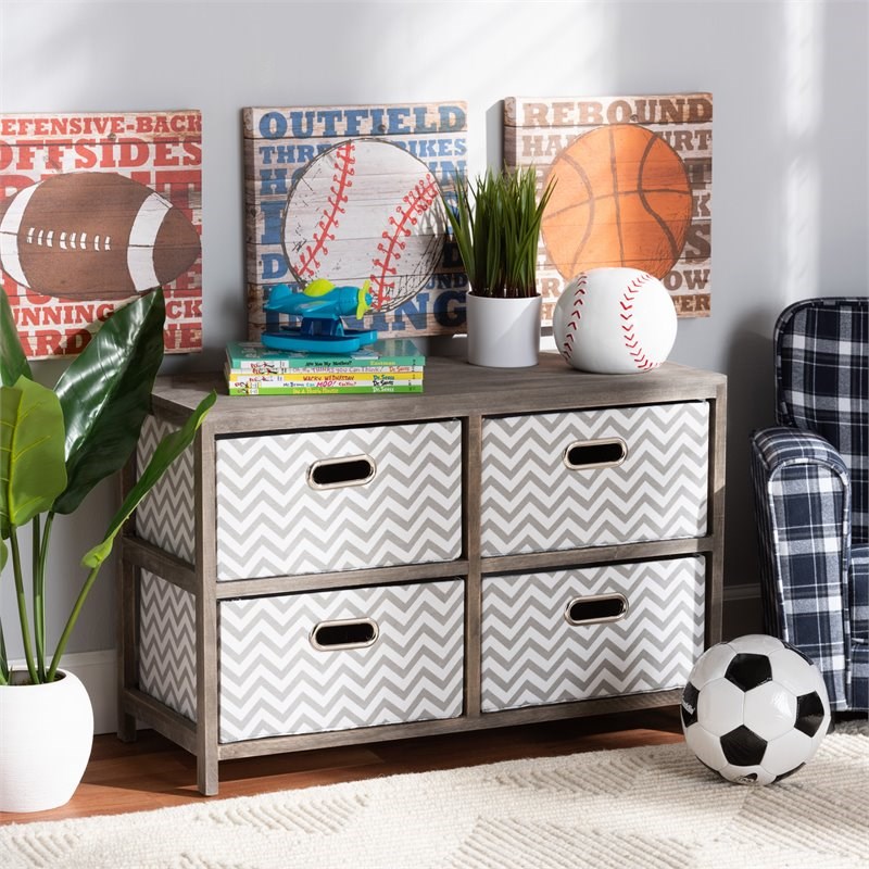 Baxton Studio Jorah Grey and White Greywashed Wood 4-Basket Storage Unit