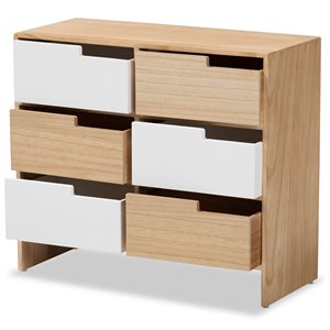 baxton studio eben white and oak brown finished wood 6-drawer storage cabinet