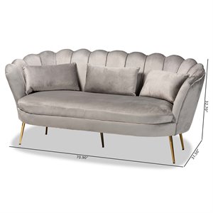 Baxton Studio Genia Gray Velvet Fabric Upholstered and Gold Metal Sofa