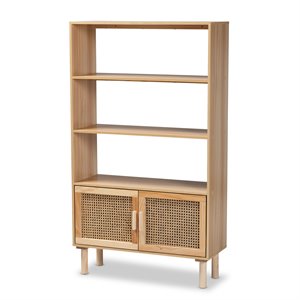 Baxton Studio Faulkner Natural Brown Finished Wood and Rattan 2-Door Bookcase