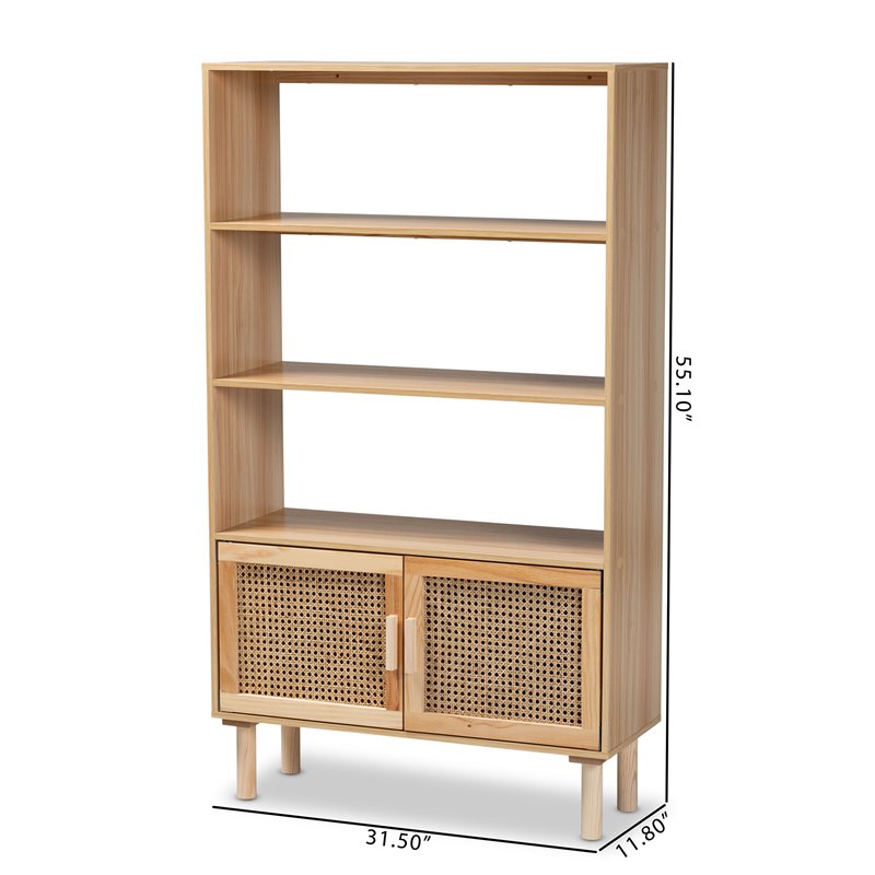 Baxton Studio Faulkner Natural Brown Finished Wood and Rattan 2-Door Bookcase