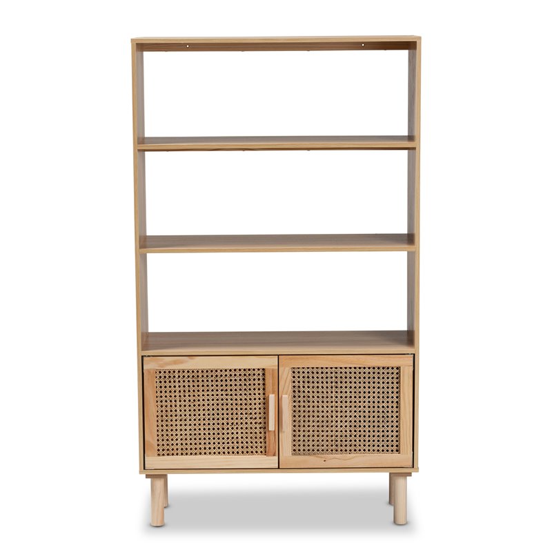 Baxton Studio Faulkner Natural Brown Finished Wood and Rattan 2-Door Bookcase