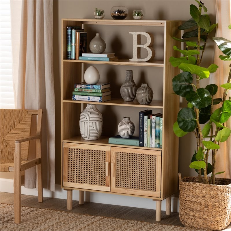 Baxton Studio Faulkner Natural Brown Finished Wood and Rattan 2-Door Bookcase