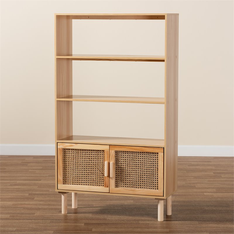 Baxton Studio Faulkner Natural Brown Finished Wood and Rattan 2 Door Bookcase