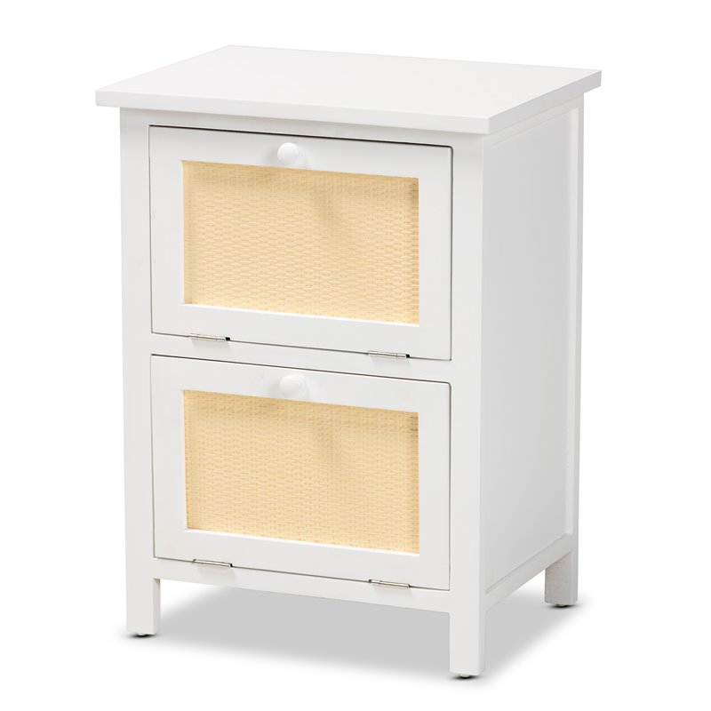 Baxton Studio Sariah White Finished Wood and Rattan 2-Door End Table