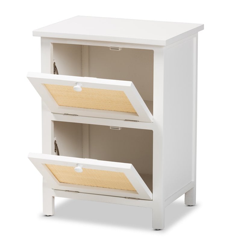 Baxton Studio Sariah White Finished Wood and Rattan 2-Door End Table