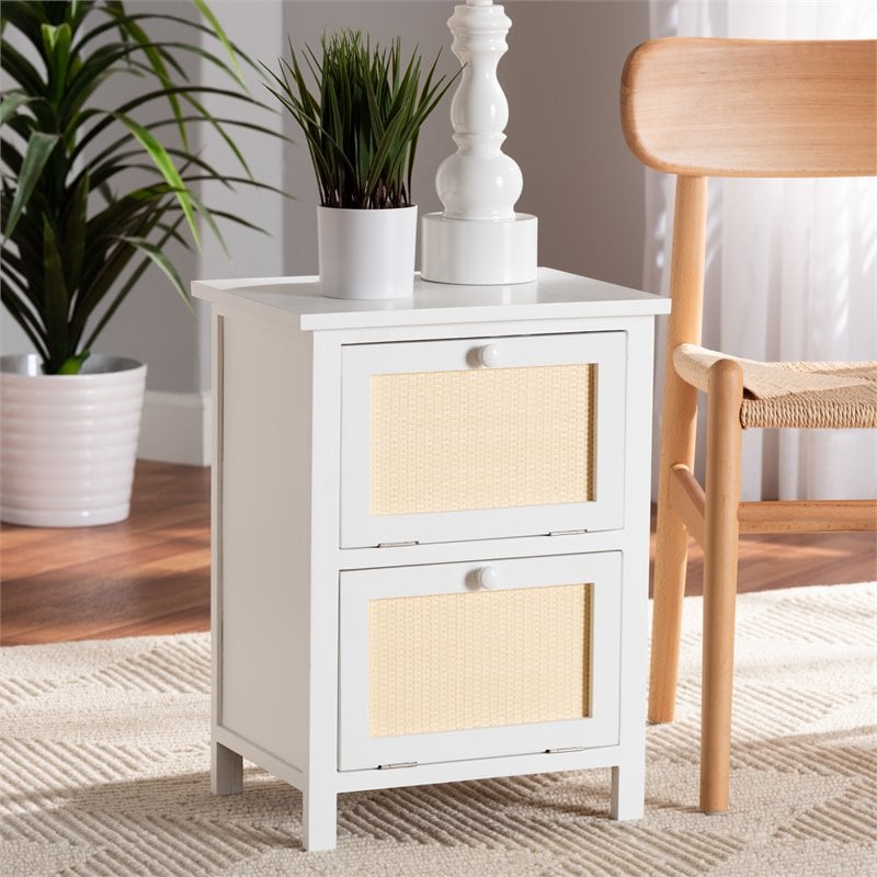Baxton Studio Sariah White Finished Wood and Rattan 2-Door End Table