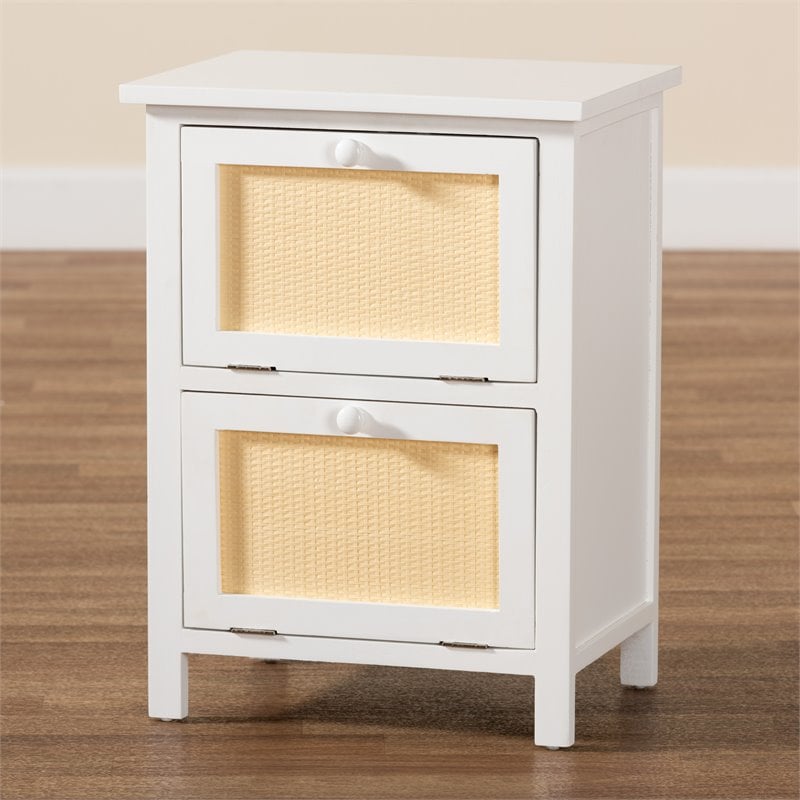 Baxton Studio Sariah White Finished Wood and Rattan 2-Door End Table