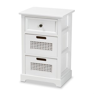baxton studio pratt white finished wood and rattan 3-drawer nightstand