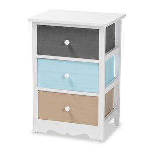 baxton studio kalila white and multi-colored finished wood 3-drawer nightstand
