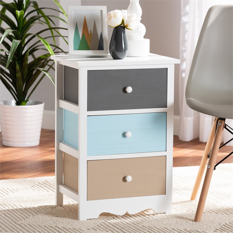 Baxton Studio Kalila White and Multi-Colored Finished Wood 3-Drawer End Table