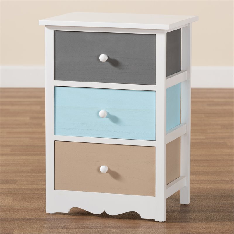 Baxton Studio Kalila White and Multi-Colored Finished Wood 3-Drawer End Table