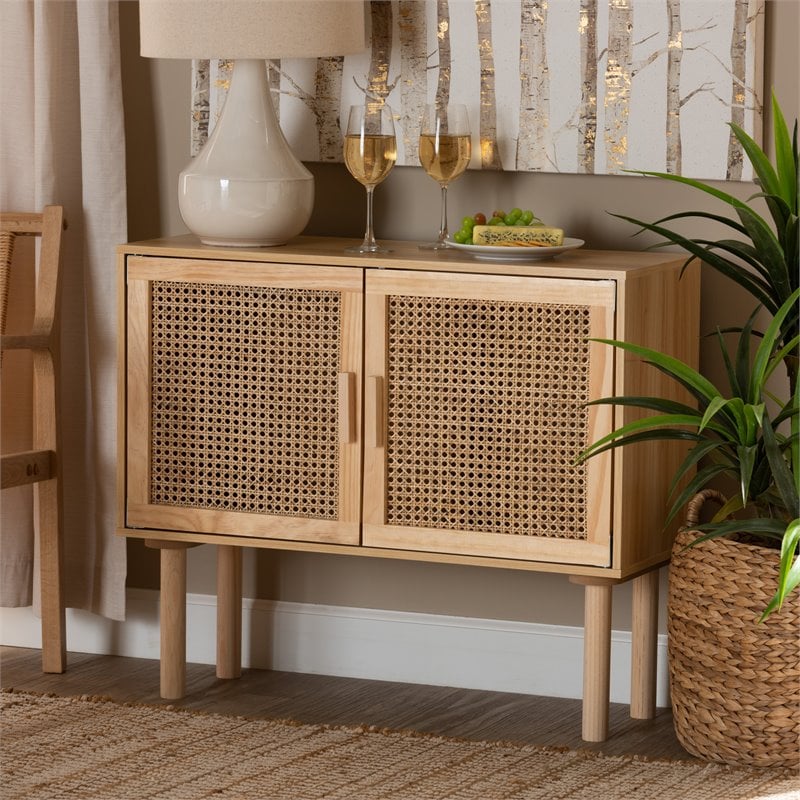 Baxton Studio Maclean Rattan and Brown Finished Wood 2-Door Sideboard Buffet