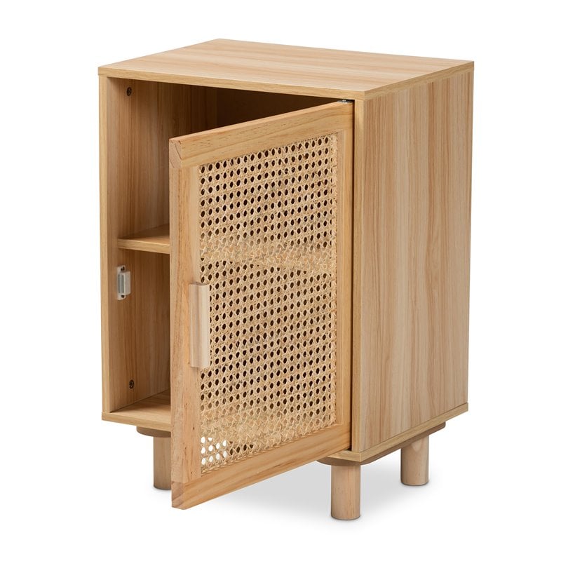 Baxton Studio Maclean Rattan and Natural Brown Finished Wood 1-Door End Table