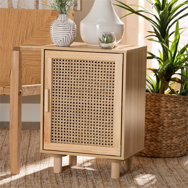 Baxton Studio Maclean Rattan and Natural Brown Finished Wood 1-Door End Table