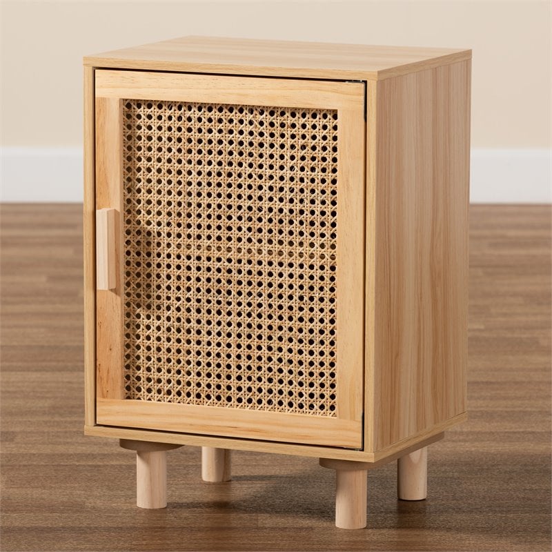 Baxton Studio Maclean Rattan and Natural Brown Finished Wood 1-Door End Table