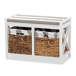 baxton studio abarne grey and white finished wood storage bench with baskets