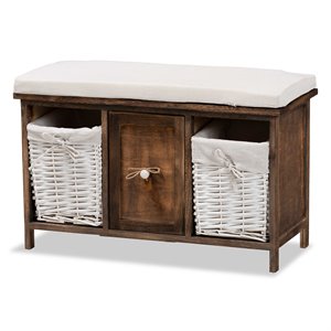 baxton studio dalius white and walnut brown finished wood bench with baskets