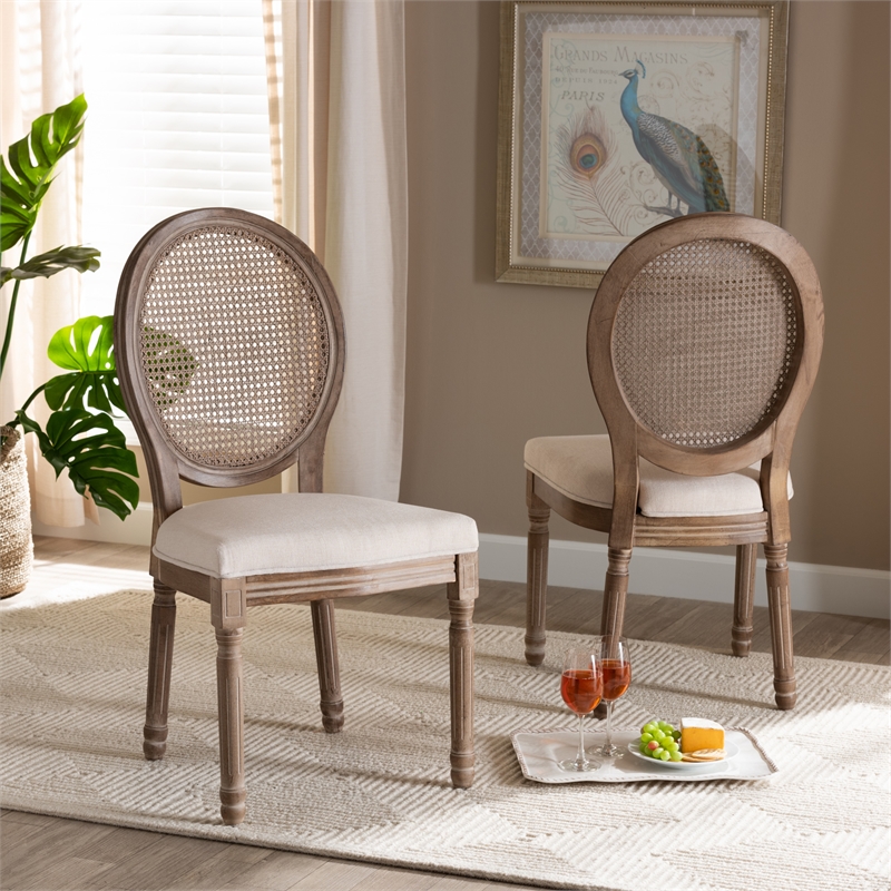 Baxton Studio Louis Beige and Brown Finished Wood Dining Chair Set with Rattan