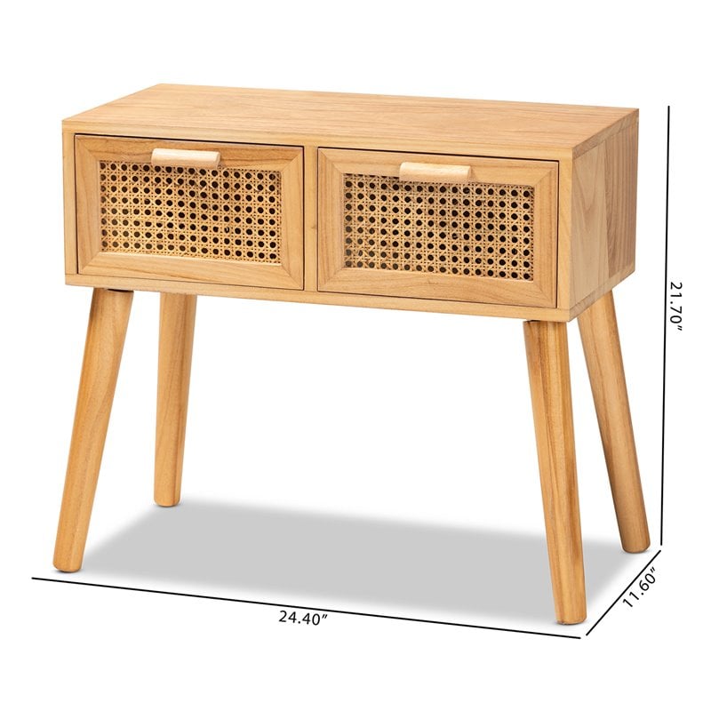 Baxton Studio Falan Oak Brown Finished Wood 2-Drawer Console Table with Rattan