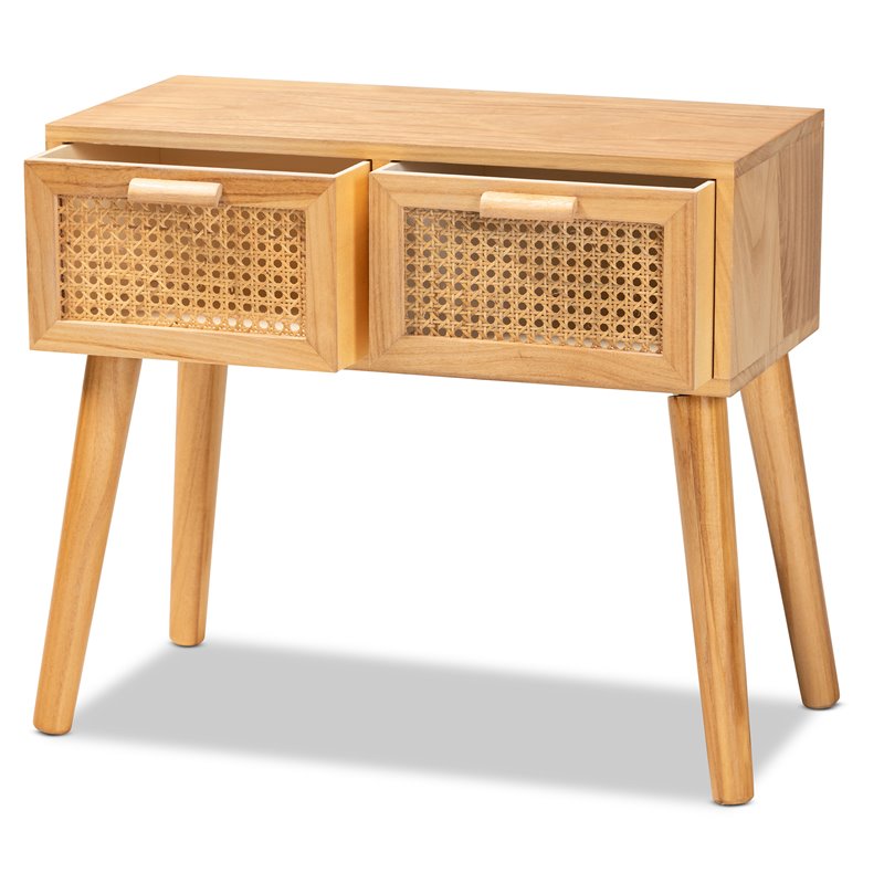 Baxton Studio Falan Oak Brown Finished Wood 2-Drawer Console Table with Rattan