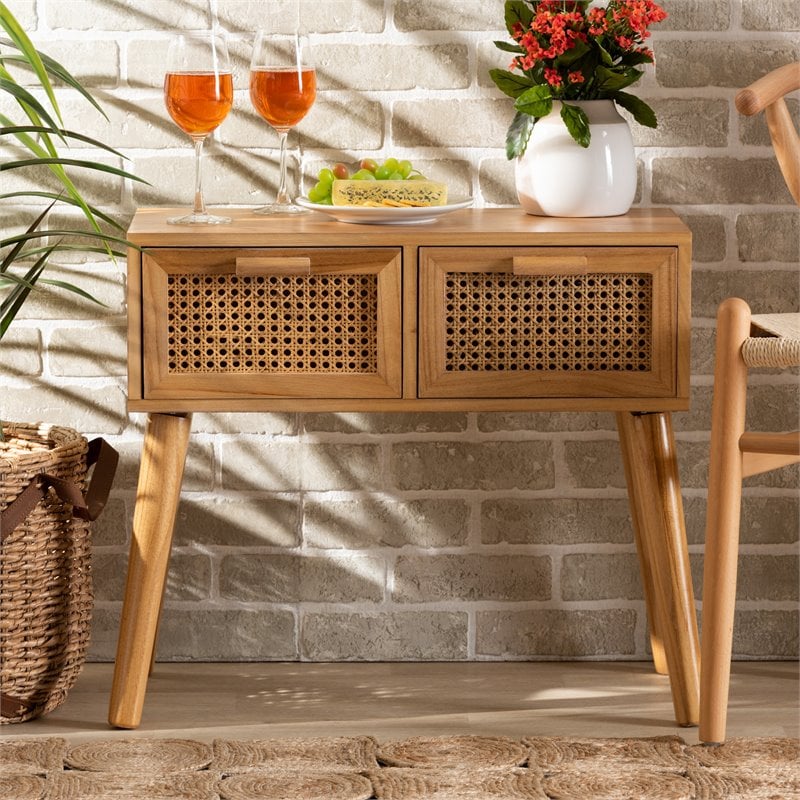 Baxton Studio Falan Oak Brown Finished Wood 2-Drawer Console Table with Rattan