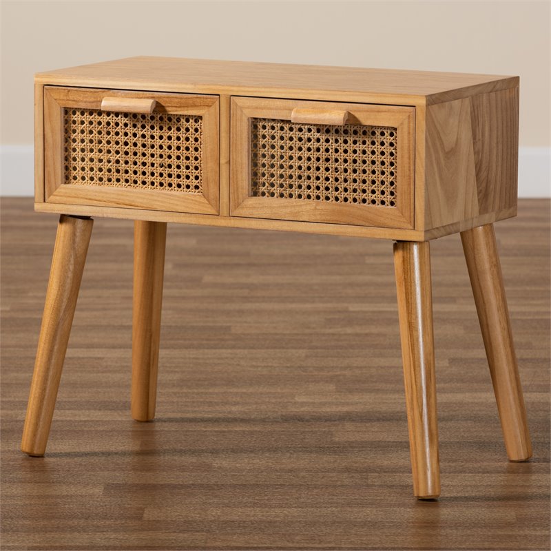 Baxton Studio Falan Oak Brown Finished Wood 2-Drawer Console Table with Rattan