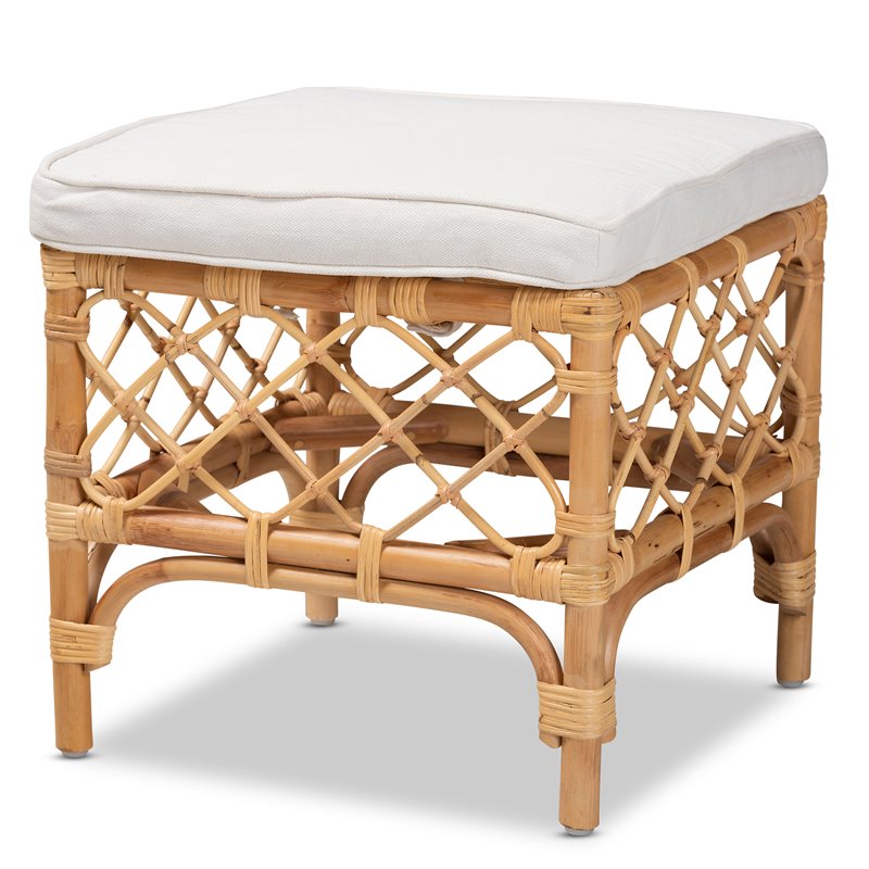 Baxton Studio Orchard White Fabric Upholstered and Brown Rattan Ottoman