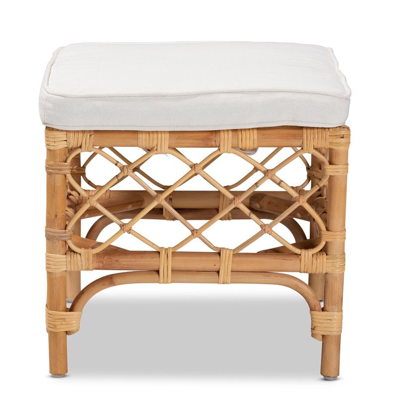 Baxton Studio Orchard White Fabric Upholstered and Brown Rattan Ottoman
