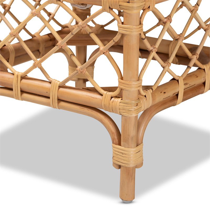 Baxton Studio Orchard White Fabric Upholstered and Brown Rattan Ottoman