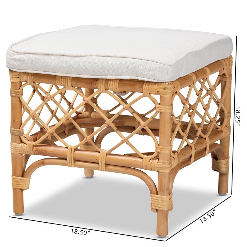 Baxton Studio Orchard White Fabric Upholstered and Brown Rattan Ottoman