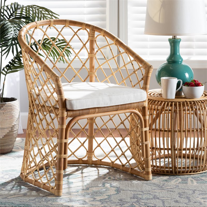 Baxton Studio Orchard White Fabric Upholstered and Brown Rattan Dining Chair