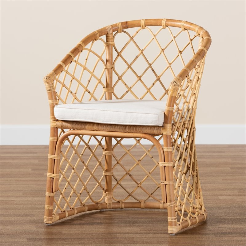 Baxton Studio Orchard White Fabric Upholstered and Brown Rattan Dining Chair