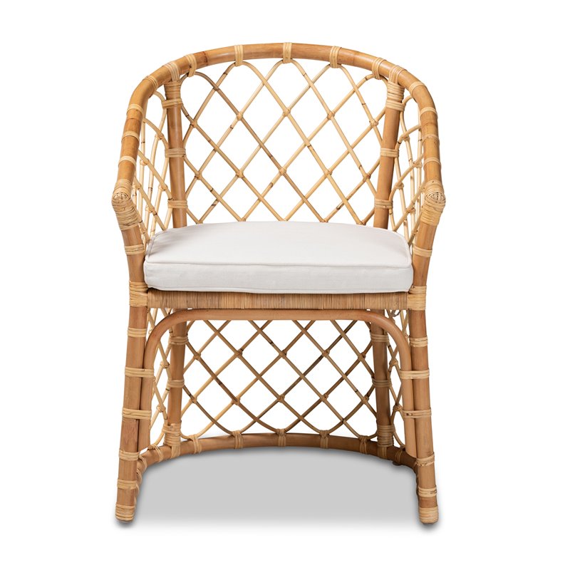 Baxton Studio Orchard White Fabric Upholstered and Brown Rattan Dining Chair