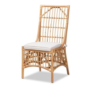 Baxton Studio Rose White Fabric Upholstered and  Brown Rattan Dining Chair