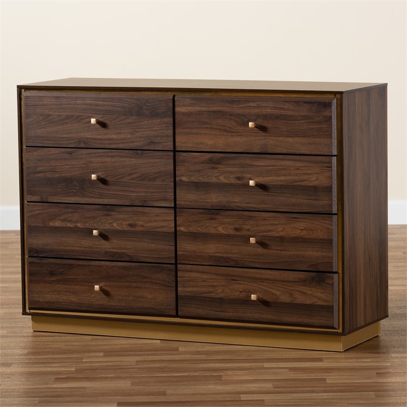 Baxton Studio Cormac Walnut Brown Finished Wood and Gold Metal 8-Drawer Dresser