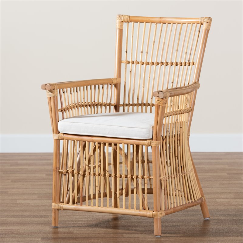 Baxton Studio Rose White Fabric Upholstered and Natural Brown Rattan Armchair