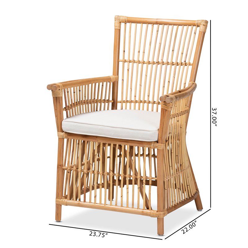 Baxton Studio Rose White Fabric Upholstered and Natural Brown Rattan Armchair