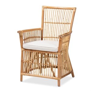 Baxton Studio Rose White Fabric Upholstered and Natural Brown Rattan Armchair