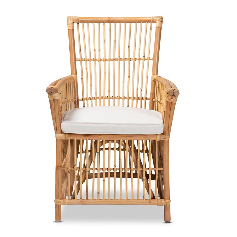 Baxton Studio Rose White Fabric Upholstered and Natural Brown Rattan Armchair