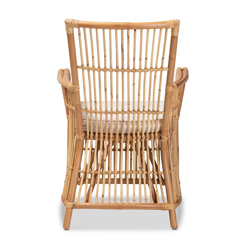Baxton Studio Rose White Fabric Upholstered and Natural Brown Rattan Armchair