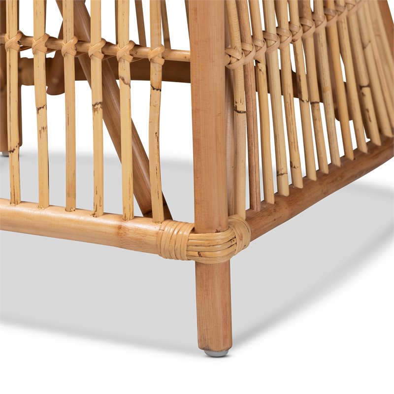 Baxton Studio Rose White Fabric Upholstered and Natural Brown Rattan Armchair