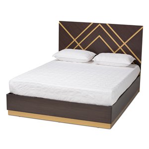baxton studio arcelia dark brown and gold finished wood queen size platform bed