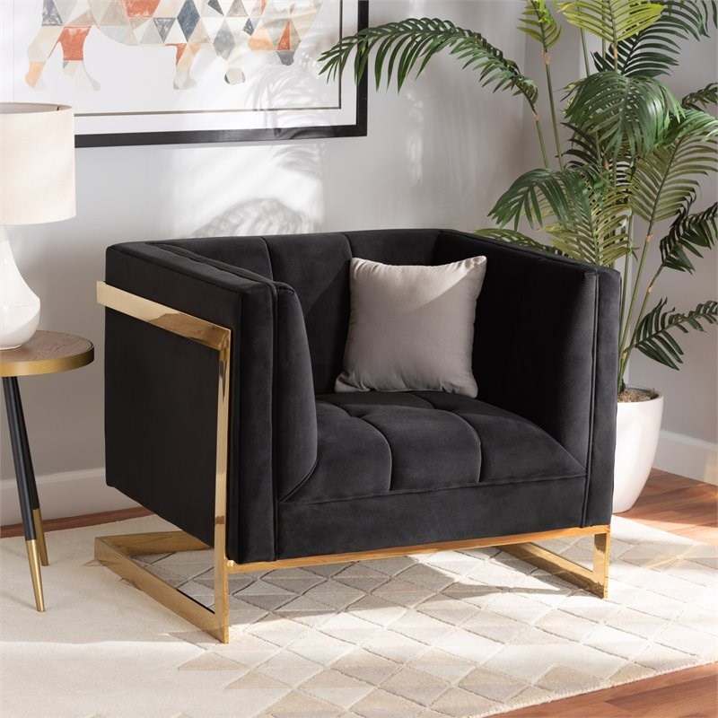 Baxton Studio Ambra Black Velvet and Button Tufted Armchair with Gold-Tone Frame