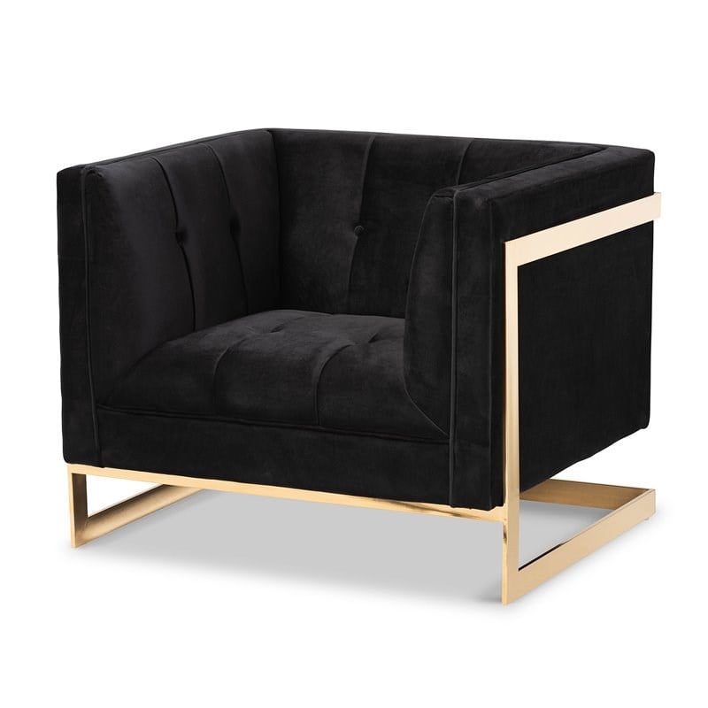 Baxton Studio Ambra Black Velvet and Button Tufted Armchair with Gold-Tone Frame