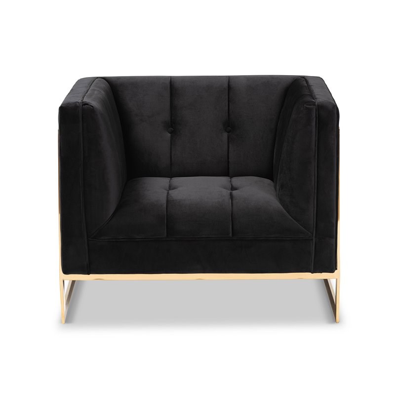 Baxton Studio Ambra Black Velvet and Button Tufted Armchair with Gold-Tone Frame
