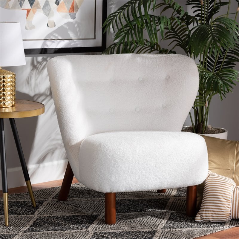 Baxton Studio Cabrera White Upholstered and Brown Finished Wood Accent Chair