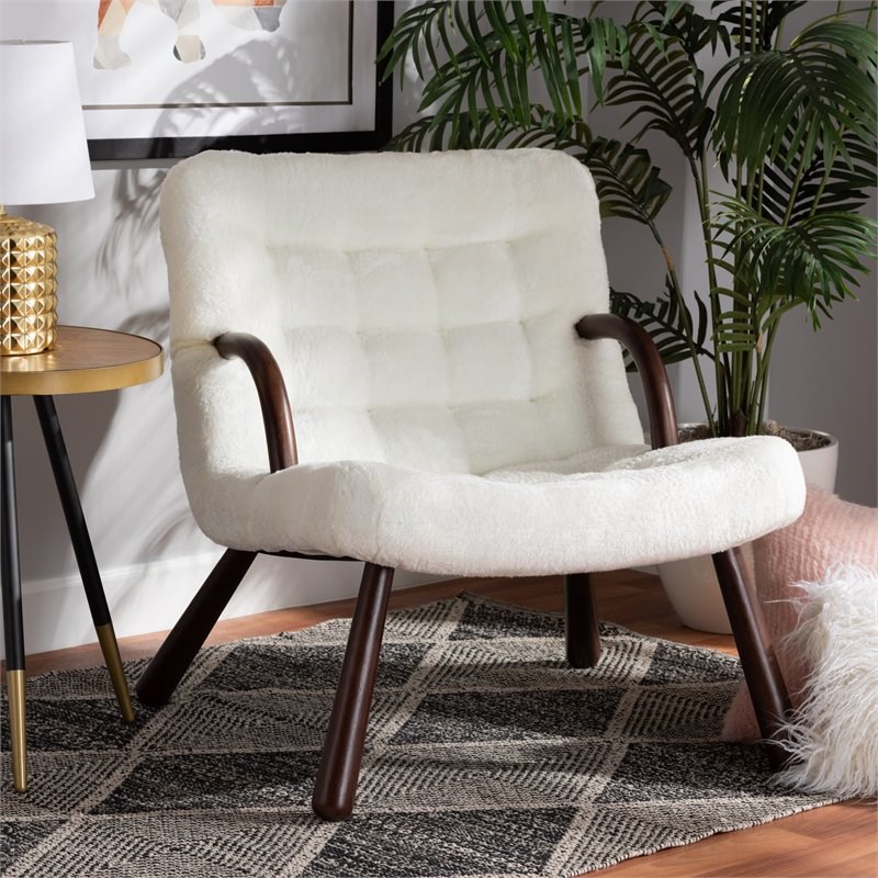 Baxton Studio Eisa White Upholstered and Walnut Brown Finished Wood Accent Chair